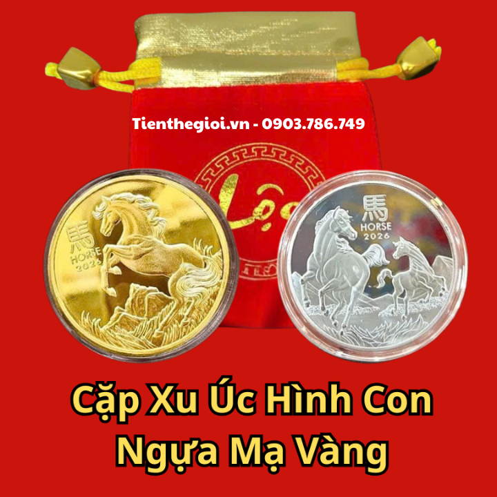Cặp Xu Úc Hình Con Ngựa Mạ Vàng Bạc tặng Túi Gấm Lộc